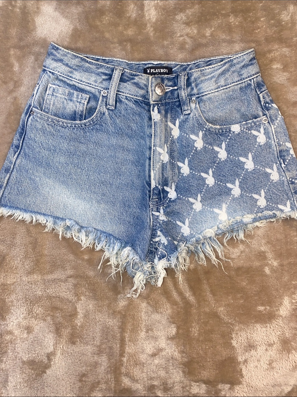 PLAYBOY Pacsun Light Blue Denim High Waist Bunny Print Frayed Shorts
